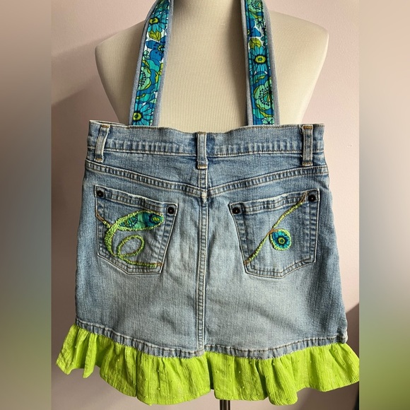 Handmade Upcycled Shoulder/Tote Bag, Blue/Green, Embroidered - Picture 5 of 6
